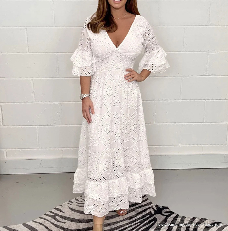 Elegantes Kleid Sommerkleid mit Dreiviertel Ärmel und V Ausschnitt in Weiß