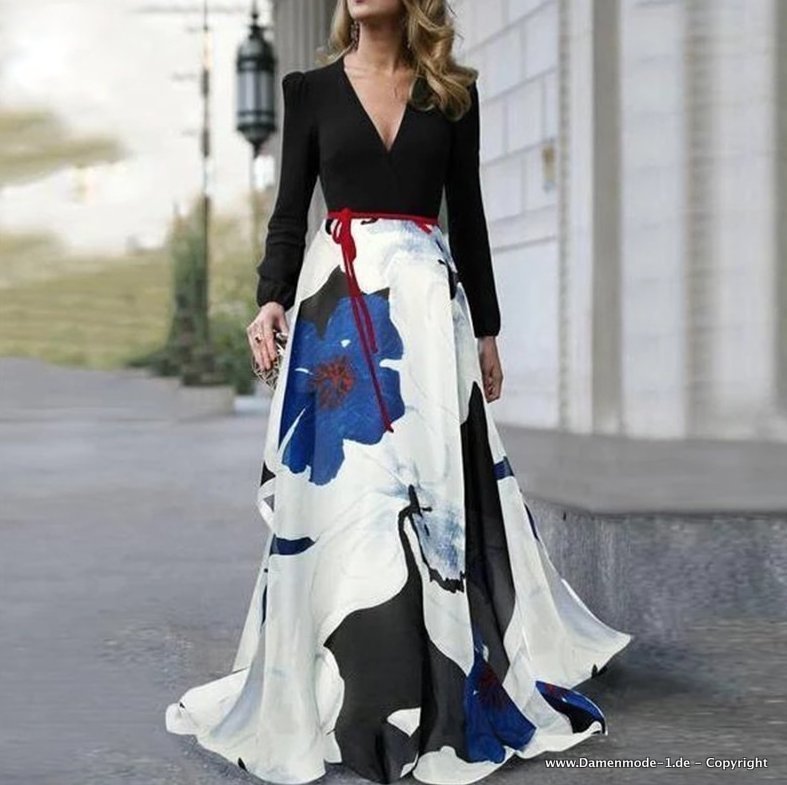 Elegantes Langarm Kleid mit Blumenmuster in Schwarz Blau