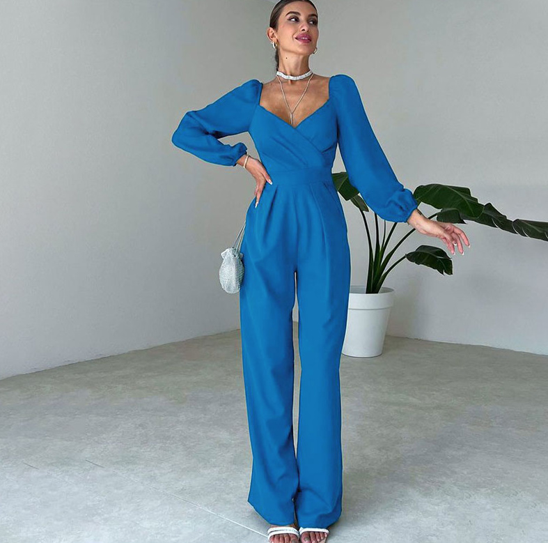 Elegantes Langarm Overall Jumpsuit Einteiler Lang mit Herz Ausschnitt