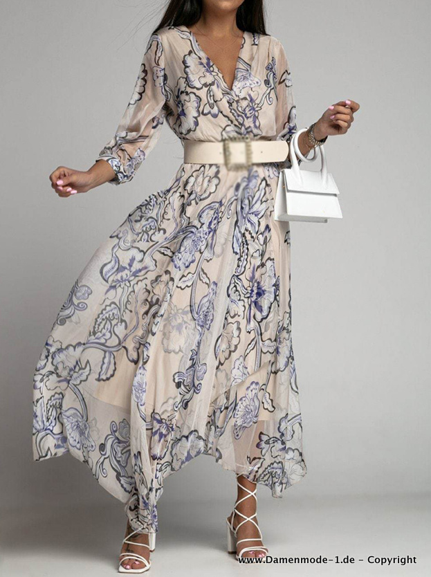 Elegantes Langarm Print Chiffon Kleid Lang in Creme mit Blumenmuster