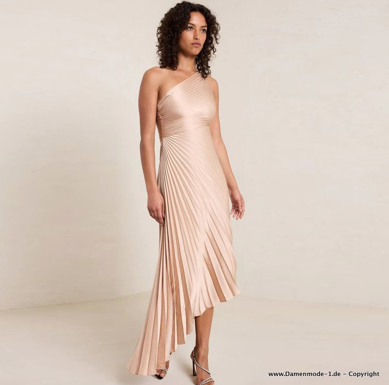 Elegantes One Shoulder Plissee Kleid in Beige Asymmetrisch