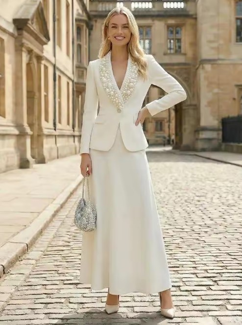 Elegantes weißes Damen-Kostüm mit großen Perlen, Blazer und Rock
