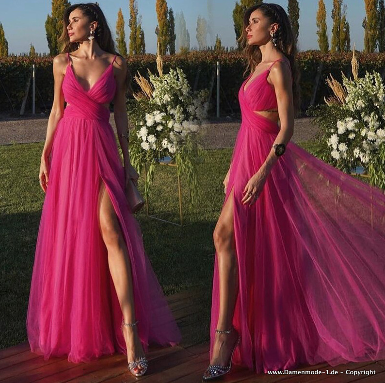 Empire Maxi Chiffon Kleid Elegant in Pink mit Spaghettiträger