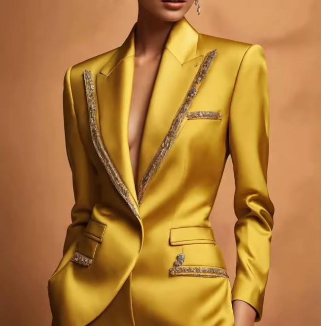 Festlicher Satin Hosenanzug Friede in Gelb mit Applikationen