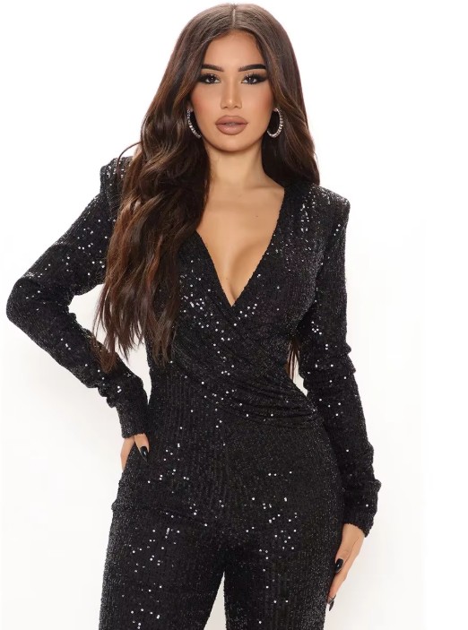 Glitzer Bodycon Jumpsuit Einteiler Esmeralda in Schwarz