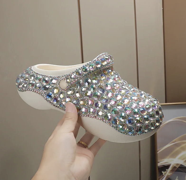 Glitzer Clogs Outdoor Schuhe in Weiß Silber mit Strass