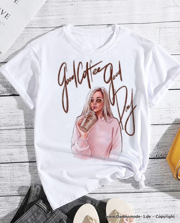 Good Coffee Good Day Sommer Shirt für Damen in Weiß