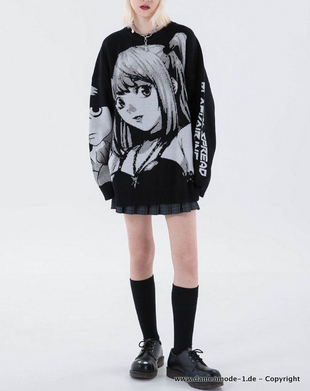 Harajuku Print Oversize Damen Pullover Schwarz