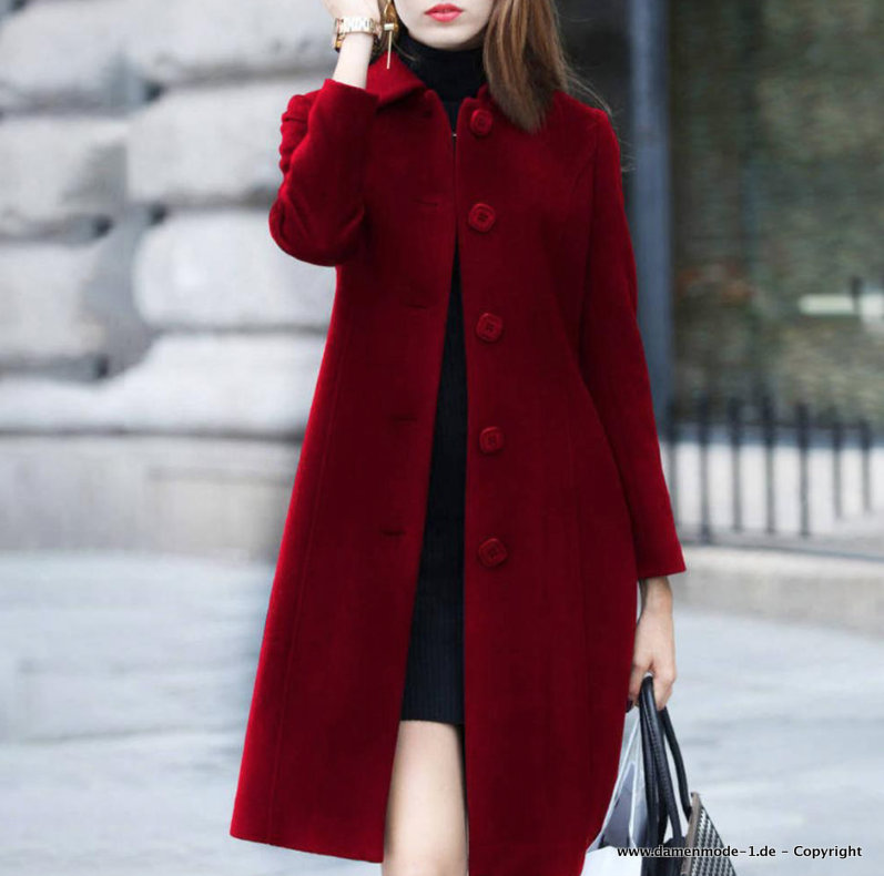 Herbst Winter Damen Mantel Knielang in Weinrot