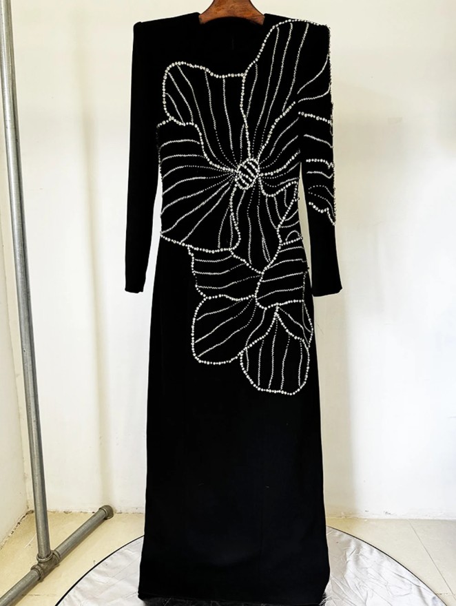 I Linie Abendkleid mit Strass Blume Stickereien Schwarz