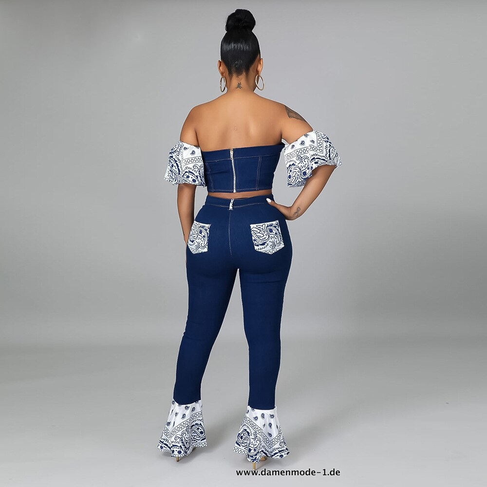 Jeans Hose Set für Damen Sommer mit Schulterfreiem Crop Top Blau