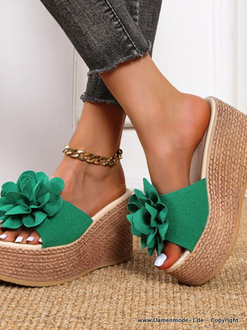 Keil Plateau Sommer Schuhe mit Blume in Grün