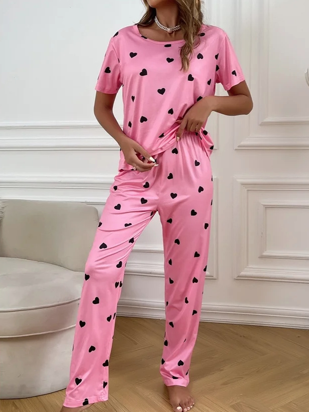 Kurzarm Damen Pyjama Schlafanzug in Rosa mit Herzchen