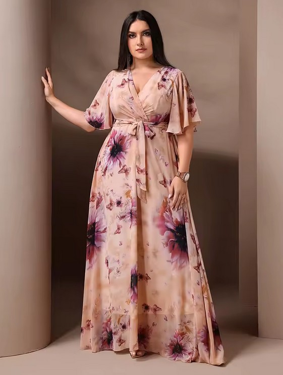 Kurzarm Maxi Kleid Elaine Elegant in Lachs mit Blumenmuster