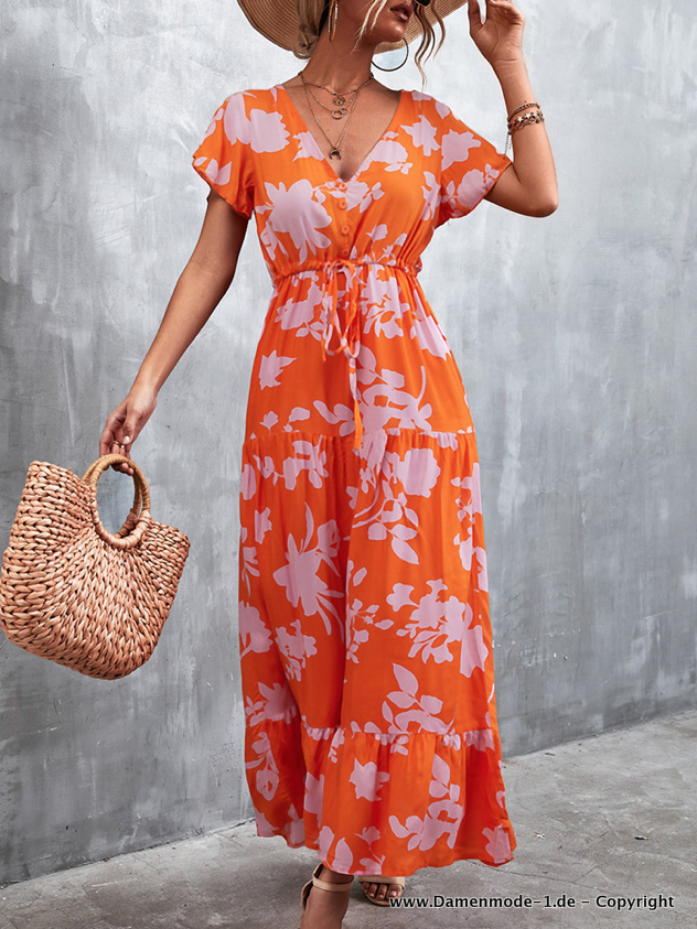 Kurzarm Maxi Sommerkleid mit Blumenmuster Lang in Orange