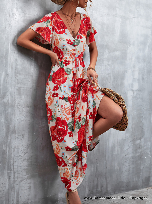 Kurzarm Maxi Sommerkleid mit Blumenmuster Lang in Weiß Rot