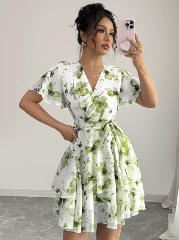 Kurzes Chiffon Sommerkleid Ganya Weiß Grün mit Blumenmuster