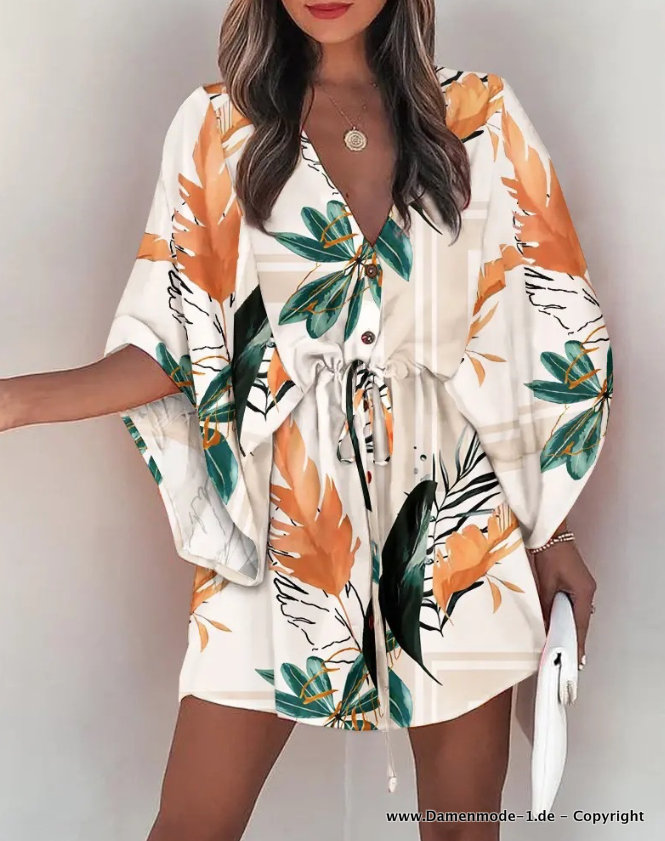 Kurzes Sommer Tunika Kleid Beige mit Palmen
