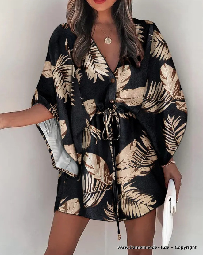 Kurzes Sommer Tunika Kleid Schwarz mit Palmen