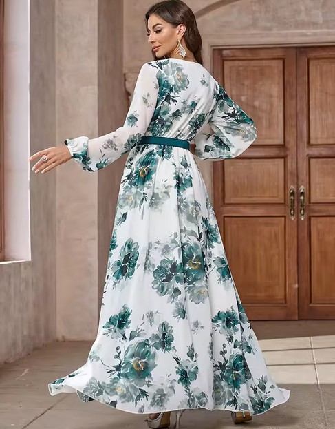 Langarm Chiffon Maxi Kleid Elmira Elegant in Weiß mit Blumenmuster