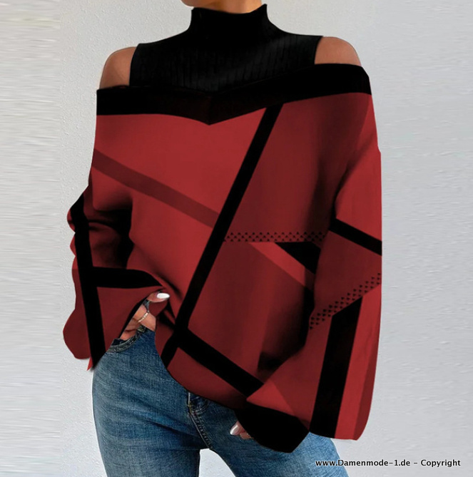 Langarm Damen Pullover mit Geo Muster und Sexy Cut Out Schulter in Schwarz Rot