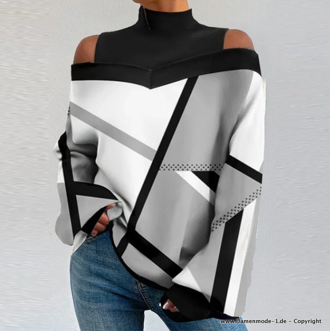 Langarm Damen Pullover mit Geo Muster und Sexy Cut Out Schulter in Schwarz Weiß