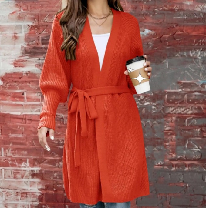 Langarm Damen Strickjacke Eike zum Binden in Orange