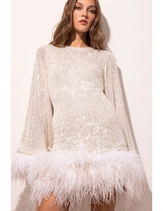 Langarm Glitzer Mini Cocktailkleid mit Sexy Rückenausschnitt