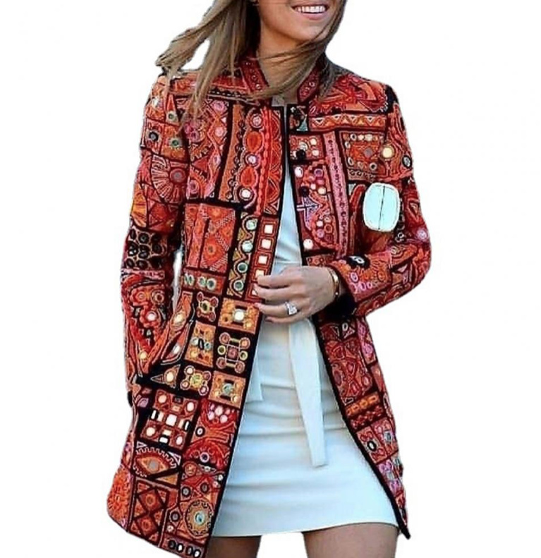 Langarm Herbst Frühjahr Damen Jacke mit Vintage Muster Rot
