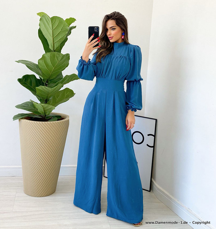 Langarm Jumpsuit Overall Einteiler Lang in Blau mit Laternen Ärmel