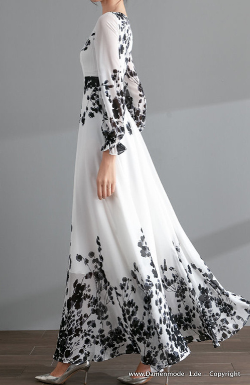 Langarm Maxi Chiffon Kleid Elegant in Weiß mit Blumen