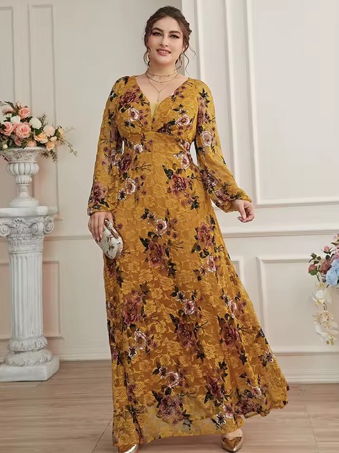 Langarm Maxi Kleid Erica Elegant in Gelb mit Blumenmuster