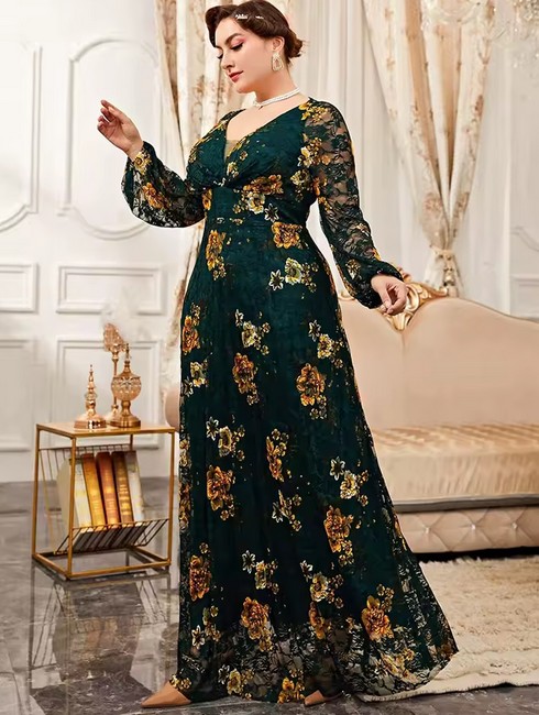 Langarm Maxi Kleid Erica Elegant in Grün mit Blumenmuster