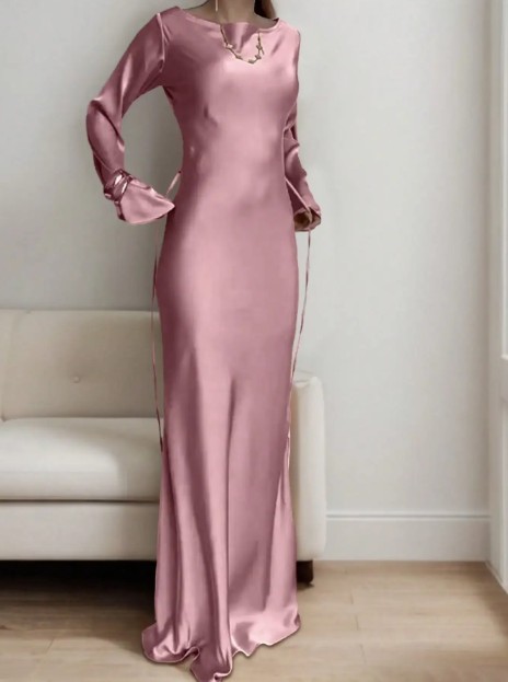 Langarm Satin Maxikleid Friederieke Elegant in Rosa