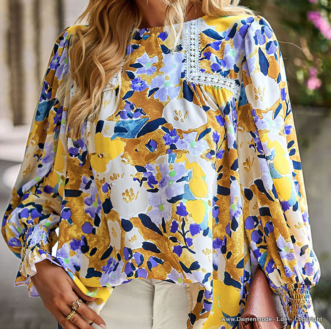 Langarm Sommer Shirt Damen Bluse mit Blumenmuster