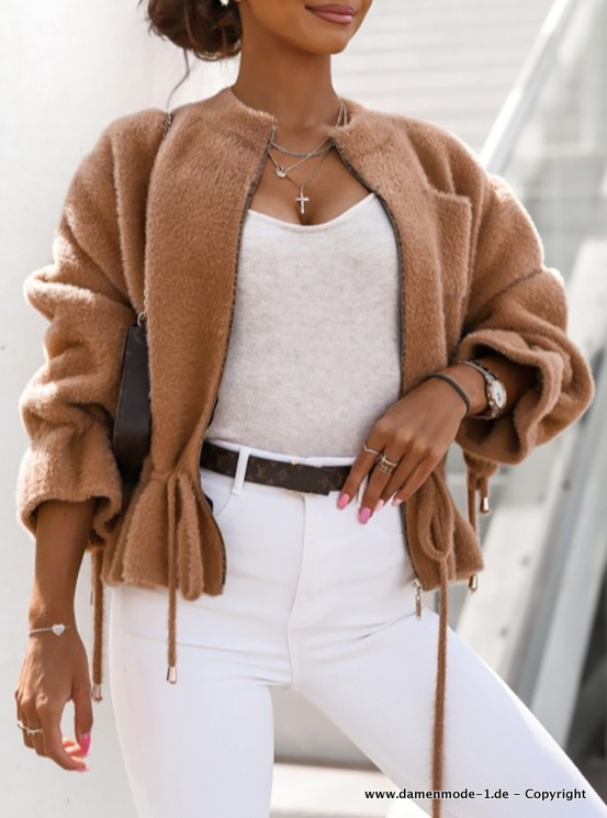 Langarm Streetwear Plüsch Zipper Strickjacke Beige