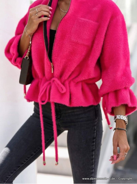Langarm Streetwear Plüsch Zipper Strickjacke Pink