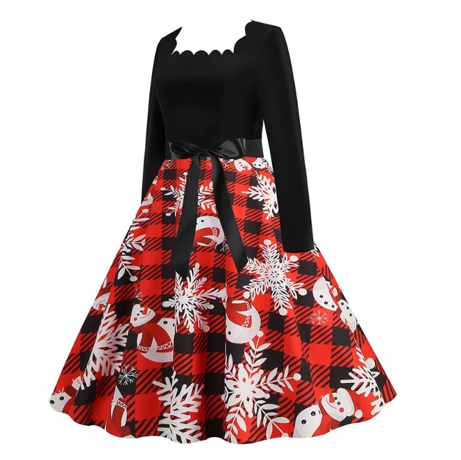 Langarm Vintage-Weihnachtskleid Enna Schwarz Rot mit Motive 