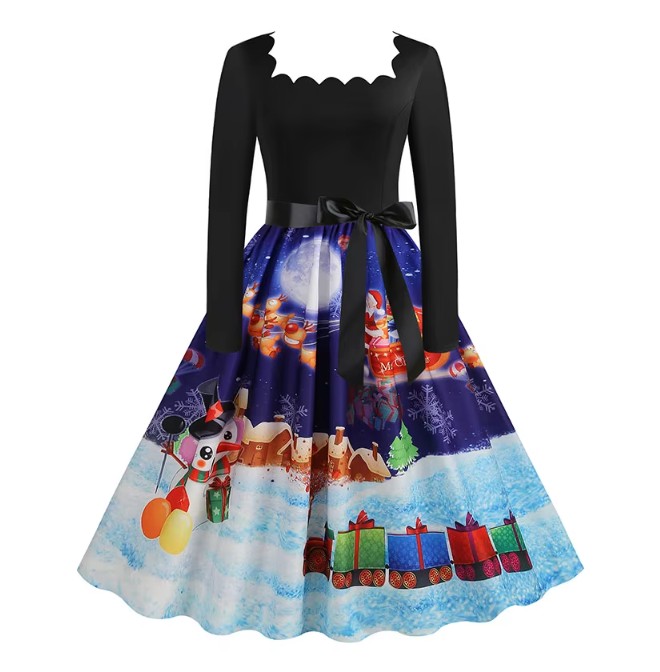 Langarm Vintage-Weihnachtskleid Fabia Schwarz Blau mit Motive 