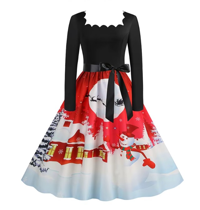 Langarm Vintage-Weihnachtskleid Farina Schwarz Rot mit Motive 