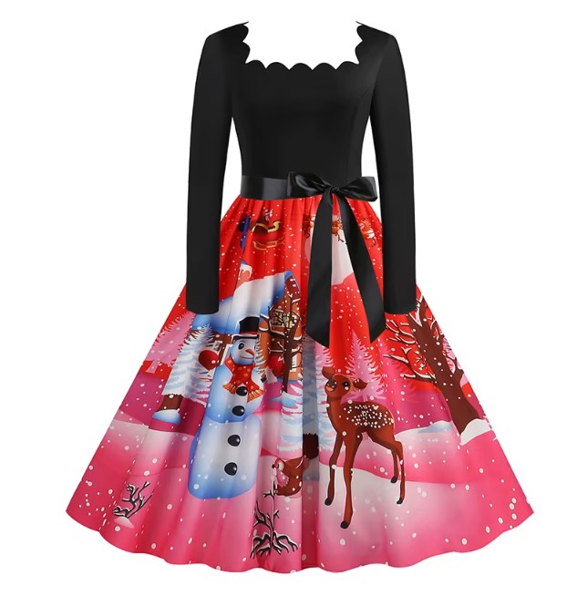 Langarm Vintage-Weihnachtskleid Felizitas Schwarz Rot mit Motive 