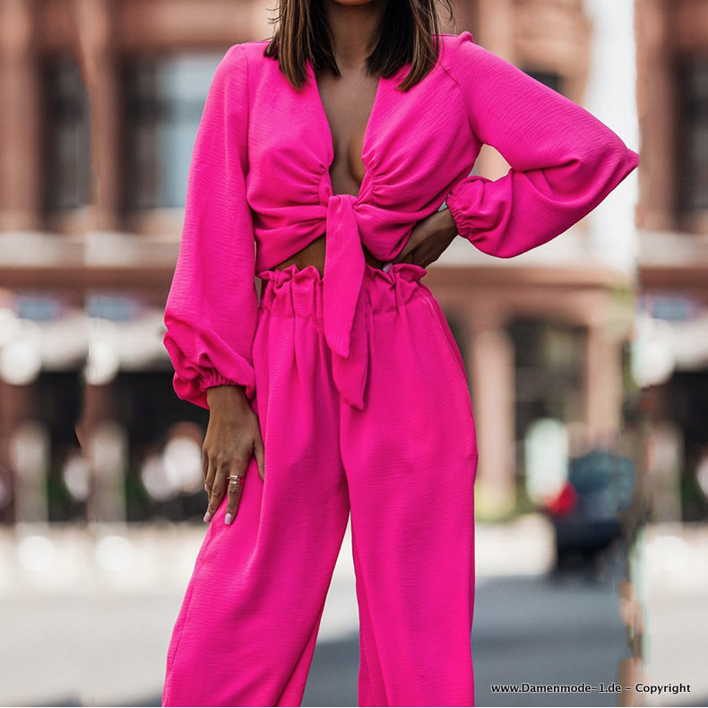 Langarm Zweiteiler Outfit in Pink mit Sexy V Ausschnitt