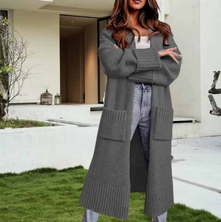 Lange Damen Strickjacke Gabriele mit Taschen in Grau