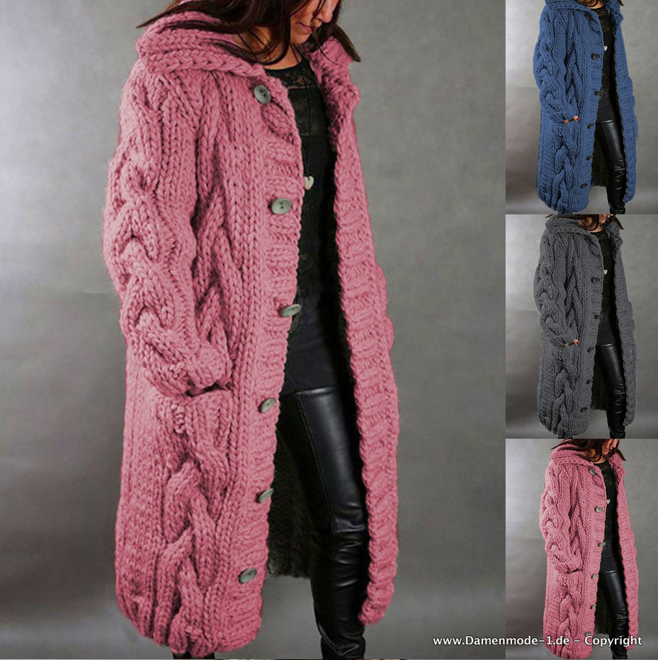 Lange Twist Strickjacke Cardigan Warm in Grau Blau oder Rosa