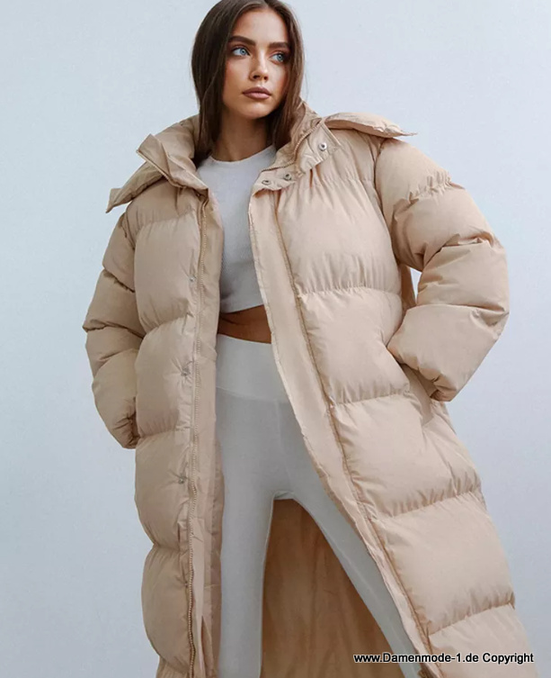 Lange Warmen Winterjacke für Damen mit Reißverschluss in Beige