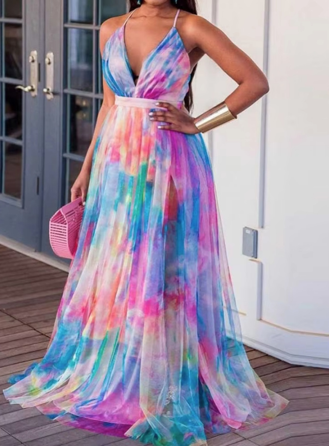  Langes Maxi Sommerkleid Caio mit Spaghettiträger Bunt