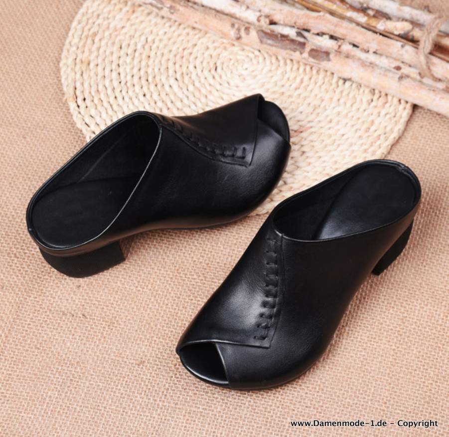 Leder Sommer Pantoletten Mules mit Block Absatz in Schwarz