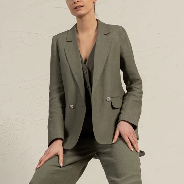 Leinen Damen Hosenanzug Elektra Dreiteilig in Olivgrün