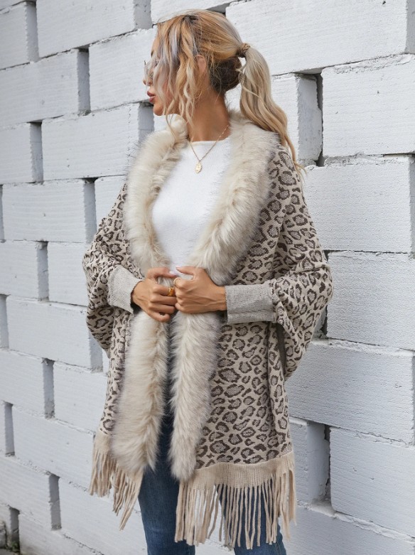 Leo Print Damen Cardigan Poncho Elele Beige