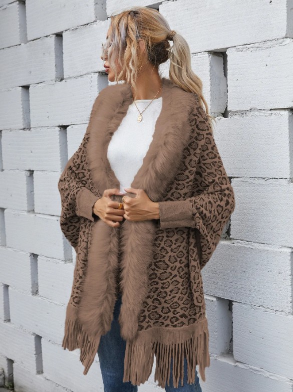 Leo Print Damen Cardigan Poncho Elele Braun